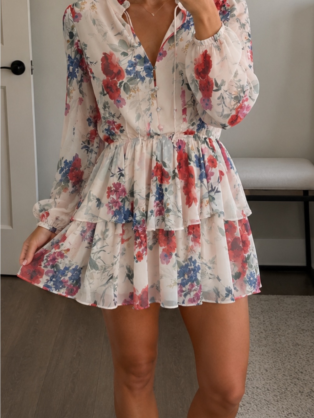 Yumi Kim White Floral Tiered Ruffle Mini Dress with Red & Blue Flowers
